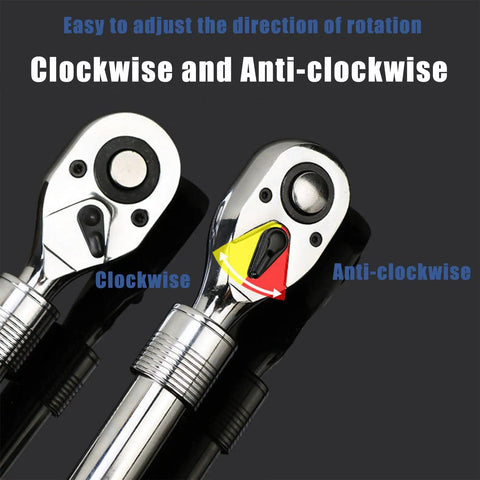 Extendable Ratchet Set Three Piece With One Quarter Inch Drive, Three Eighths Inch Drive, And One Half Inch Drive, shown with direction arrows