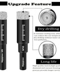 Ten Pack 5mm 3/16 Inch Dry Diamond Tile Drill Bits Set With Round Shank Pro Grade For Granite Marble Tile Ceramic Stone Glass Not For Wood Wax Lubricant Inside Helps Dry Drilling And Rust Resistant Coating, showing close-up of drill bit features and wax lubricant inside for dry drilling.