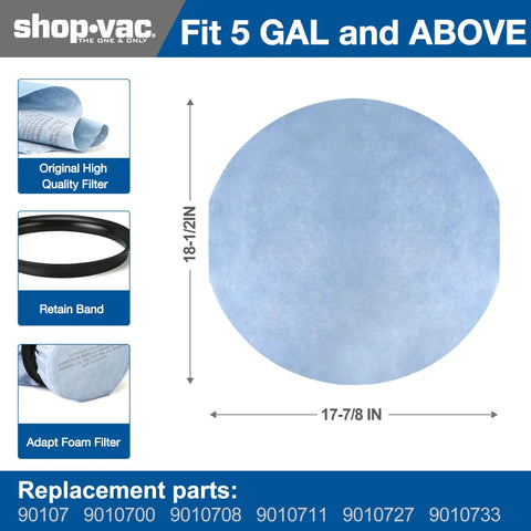 Beefed Up Replacement Paper Disc And Foam Sleeve Filter Kit detail with size dimensions for wet dry vacuums 5 gallon and up.