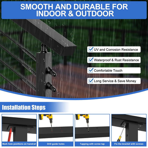 Top Shelf Six Foot Six Inch Stainless Steel Rectangular Handrail Cuttable Cable Railing System Black Flat Top Rail close-up with installation guide.