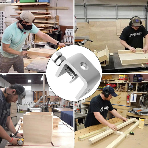 Collage showing woodworking projects using the 8 Pack 1 Inch C Clamp Set, Heavy Duty 304 Stainless Steel Tiger Clamps With Stable Wide Jaw Opening.