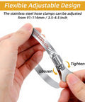 Beefy Stainless Steel Duct Clamps Pack Of 20 For 3.5 To 4.5 Inch Hose Clamp Adjustable Range 91 To 114 Mm shown in hand with text overlay