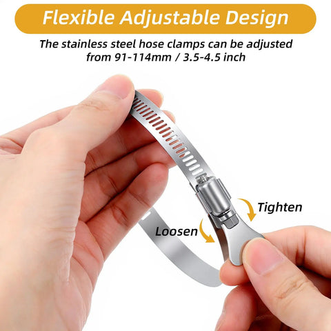 Beefy Stainless Steel Duct Clamps Pack Of 20 For 3.5 To 4.5 Inch Hose Clamp Adjustable Range 91 To 114 Mm shown in hand with text overlay