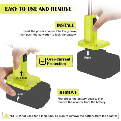 Installation and removal steps for Two Pack 18V Battery Power Wheel Adapter Kit With Switch And Fuse 12AWG Wire And Wire Terminal