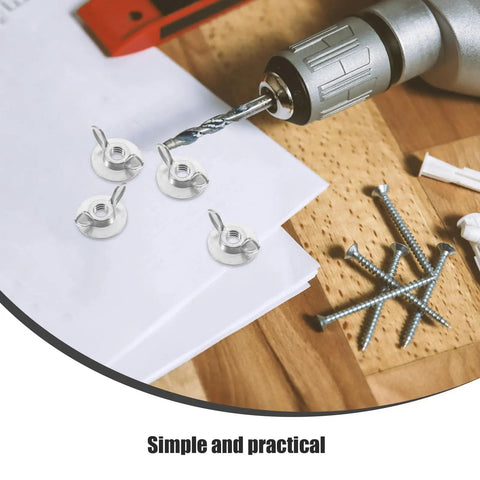 Set Of 20 Metal Thumb Nuts For Hurricane Shutters With Washered Backplates displayed on a table with drill and screws