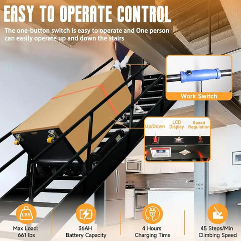Heavy Duty Electric Stair Climbing Dolly Cart With 1200W Motor And Ergonomic Grip Makes Moving Heavy Loads Up Stairs A Total Breeze For One Guy, shown climbing stairs with a large box.