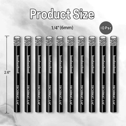 Ten Pack Dry Diamond Drill Bits With 6mm Diameter Quarter Inch Shank Vacuum Brazed Hole Saws arranged, showing size scale.