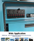 Red 8 Gang Rocker Switch Panel With LED Illumination Waterproof Digital Voltage Display installed on a blue panel inside a vehicle