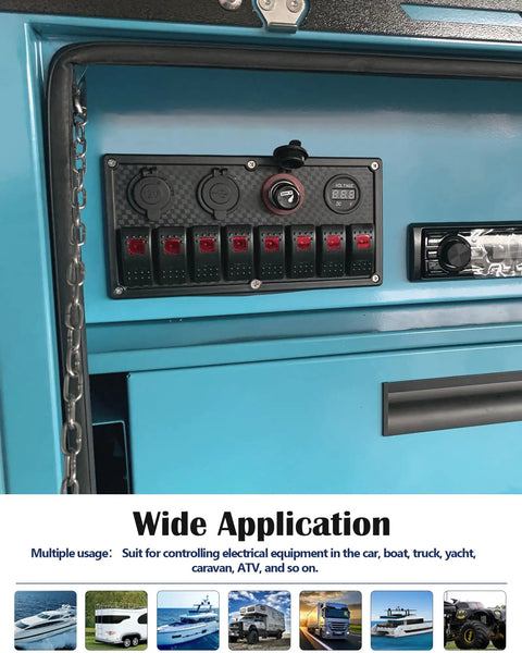 Red 8 Gang Rocker Switch Panel With LED Illumination Waterproof Digital Voltage Display installed on a blue panel inside a vehicle