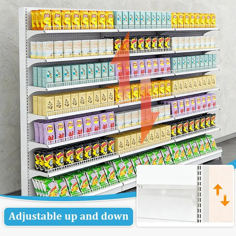 Badass Heavy Duty Seven Layer Gondola Shelving Rack For Neighborhood Convenience Stores And Groceries Rock Solid Gray Metal Display Stand with adjustable shelves.