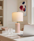 Set Of 2 24.75 Inch Ceramic End Table Lamps For Living Room Bedroom Office Farmhouse Cozy Decor With Linen Drum Shades Modern Contemporary Nightstand Lamps, displayed on a desk with books, glasses, and laptop.