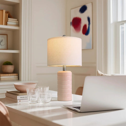 Set Of 2 24.75 Inch Ceramic End Table Lamps For Living Room Bedroom Office Farmhouse Cozy Decor With Linen Drum Shades Modern Contemporary Nightstand Lamps, displayed on a desk with books, glasses, and laptop.