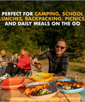 People enjoying meals outdoors with 4 Piece Camping Mess Kit With Plate And Bowl, 3 In 1 Spork Utensil, And Tether.