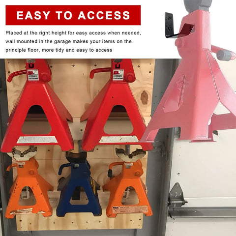 Heavy Duty Jack Stands Wall Mount Organizer Set Four Pack Wall Storage Rack With Anchors And Screws Space Saving Garage Hooks For Two To Six Ton Jacks installed with various jacks on display.
