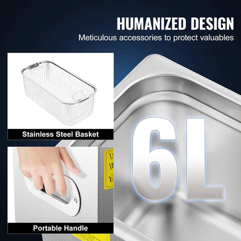6L Ultrasonic Cleaner With 40kHz Power And 200W Heating, showing stainless steel basket and portable handle