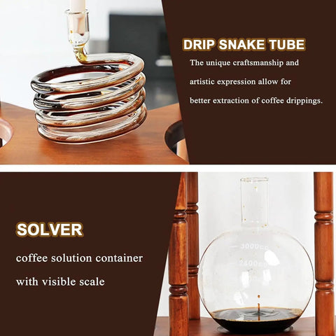 Dope Slow Drip Cold Brew Coffee Tower With Adjustable Dripper And Spacious 3000Ml Glass Jug showing drip snake tube and glass container.