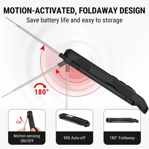 2-in-1 Infrared And Meat Probe Instant Read Thermometer For Cooking, motion-activated foldaway design with 180-degree foldaway