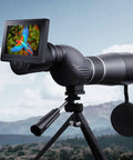 WiFi Eyepiece Camera For Telescopes With 4.3 Inch HD Screen capturing a bird, mounted on a telescope tripod, fits 26-47mm tubes