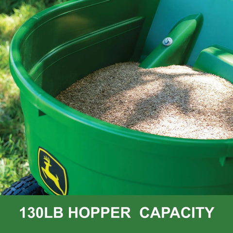 Push Broadcast Spreader With 130 Lb Capacity And Rust Proof Poly Hopper showing seeds for fertilizer grass seed weed control ice melt