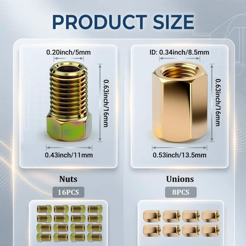 Brake Line Fittings Kit With 3/8-24 Thread, 3/16 Inch Union And Nut Set For Inverted And Double Flare, Universal Auto Brake Line Hardware For Quick DIY Friendly Install, Durable 24 Piece Car Maintenance And Repair Kit. Brass nuts and unions size chart