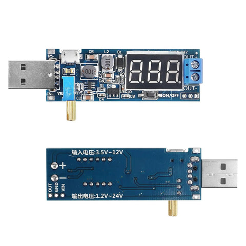 Front and back view of Six Pack USB Buck Boost Converter Modules 3.5 To 12 Volt In And 1.2 To 24 Volt Out DC To DC Adjustable Power Regulator