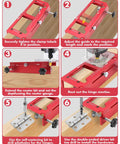 Illustrated steps showing Door Hinge Jig And Door Lock Installation Kit Pro Combo Aluminum Router Template use for hinge mortising.
