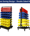 Dual-Sided 9-Tier Rolling Steel Bin Rack With 90 Plastic Bins On Wheels, Heavy-Duty Garage Storage Organizer, 450 Lbs Capacity