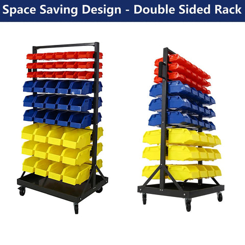 Dual-Sided 9-Tier Rolling Steel Bin Rack With 90 Plastic Bins On Wheels, Heavy-Duty Garage Storage Organizer, 450 Lbs Capacity