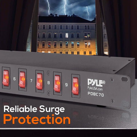 Built Tough 9 Outlet Surge Protector Power Strip with 150 Joules and 1200 A Peak Current, rack mount, front switches, black