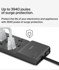 Close-up of the 12-Outlet Surge Protector Power Strip With 12 AC Outlets And 8ft Flat Plug for home office travel, UL Listed, 3940J protection.