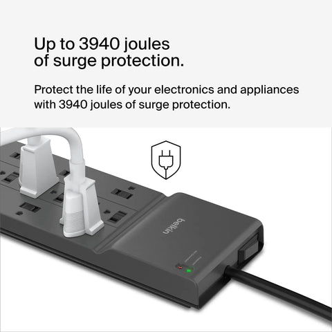 Close-up of the 12-Outlet Surge Protector Power Strip With 12 AC Outlets And 8ft Flat Plug for home office travel, UL Listed, 3940J protection.