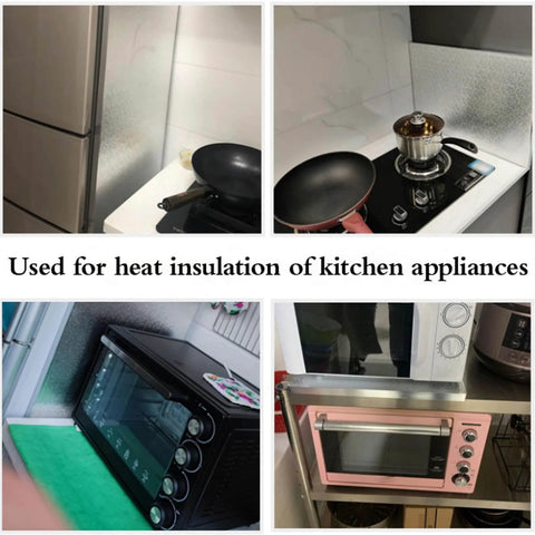 Collage of Heavy Duty Fireproof Heat Shield Board For Refrigerators And Stoves installed in various kitchen setups.