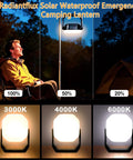 Go To Rechargeable Solar Camping Lantern With 6600mAh Battery And 4000 Lumens Output at different brightness levels in outdoor camp