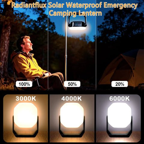 Go To Rechargeable Solar Camping Lantern With 6600mAh Battery And 4000 Lumens Output at different brightness levels in outdoor camp