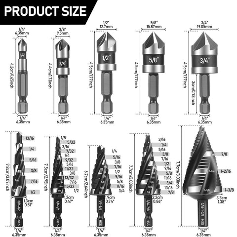 10 Piece Spiral Step Drill Bit Set For Stainless Steel With Enhanced Stability And Easy Ident Numbers countersink sizes chart