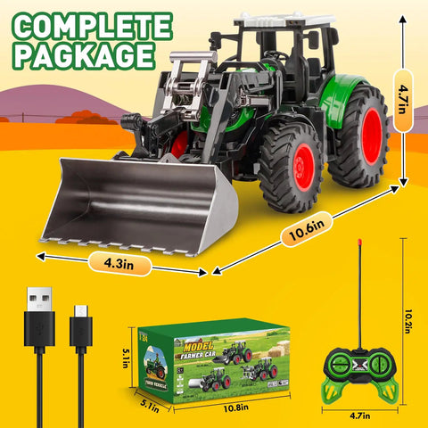 Remote Control Tractor Toy One Twenty Fourth Scale For Kids Ages 3 To 9 With Lights and Sounds, shown with controller and packaging