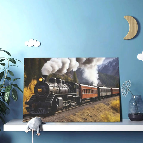 Dope Steam Locomotive Train Canvas Wall Art 12x18 Inches depicting a classic train on a shelf with decorative elements
