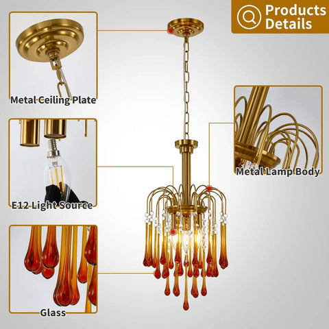 Gold Crystal Pendant Light Fixture For Dining Room And Kitchen Island, brass body with K9 crystal and E12 light source