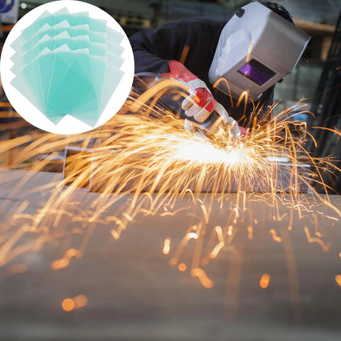 Welder using helmet with 20 Pcs Welding Protective Lens Replacement Lenses For Outer Helmet Clear Covers 4.5 By 5.25 Inch 0.04 Inch Thick For Solar Auto Darkening Welding Hood Pack inset.