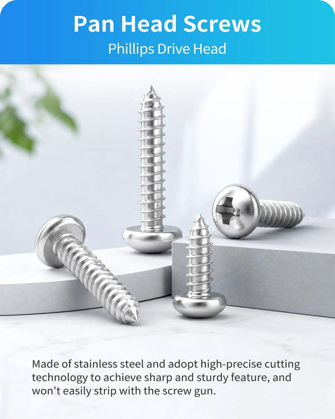 Stainless Steel Wood Screws Assortment Kit With 600 Piece Set Featuring 18 Sizes From Three Eighths Inch To Two Inches Phillips Pan Head Self Tapping Screws For Woodworking And Home DIY Projects Silver Finish, pan head screws
