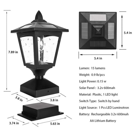 Outdoor Post Lights Two Pack No Fuss Install Lamp Post Cap Lights dimensions and features for wood fence posts, pathway, deck with lit 15 lumen LED garden lighting for safety and curb appeal.