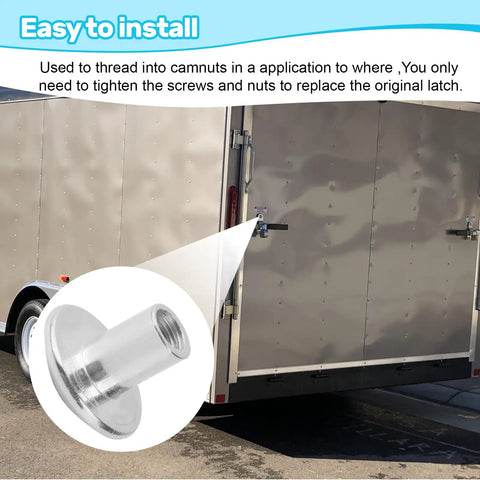 Rock Solid 5/16 Inch T55 Torx Domed Head Barrel Nuts Zinc Plated Steel 20 Pack installed on enclosed cargo trailer door.