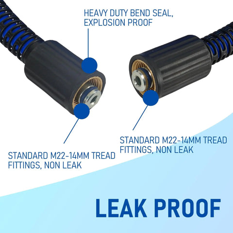 Close-up of 50 Ft High Pressure Washer Hose 3600 PSI Flexible And Kink Resistant Replacement With One Quarter Inch Quick Connect M22 Three Eighths Inch Adapters Heavy Duty Power Washer Extension Blue showing non-leak M22 fittings.