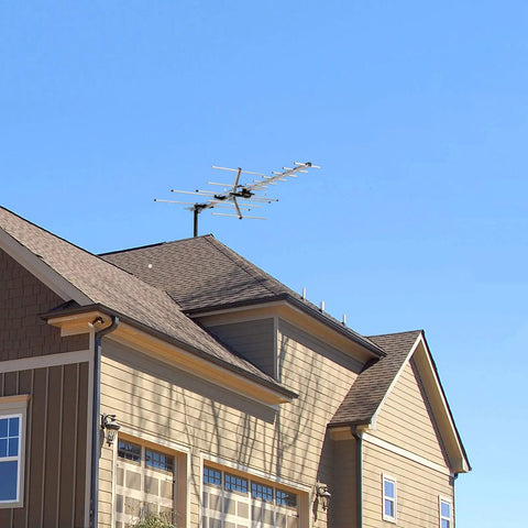 Long Range HD TV Antenna With 200 Mile Reception For Attic Or Roof Mount, Digital OTA For 4K TVs, mounted on house roof