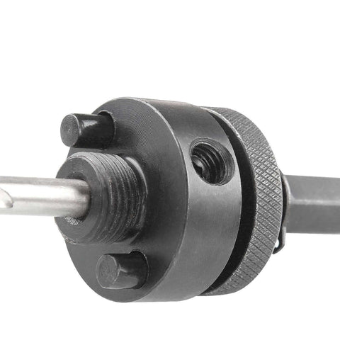 Hole saw arbor with 7/16 in shank and quick-change mandrel; steel construction with two locking pins