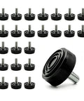 No Fuss 24 Pack Stainless Steel Adjustable Furniture Levelers showing black bases and threaded screws for leveling furniture.