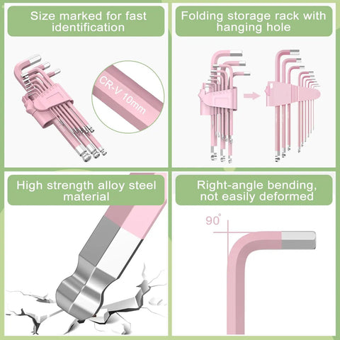 Pink 9 Piece Cr V Allen Key Set With Long Ball End Hex Keys 1.5 To 10mm in foldable rack showing size marking and steel strength.