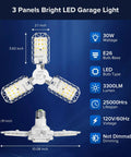 Diagram of Three-Panel Deformable LED Garage Light With 3300 Lumens Of 5000K Daylight, highlighting dimensions and features