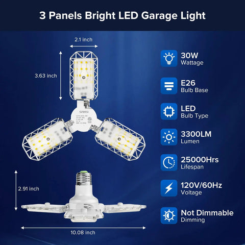 Diagram of Three-Panel Deformable LED Garage Light With 3300 Lumens Of 5000K Daylight, highlighting dimensions and features
