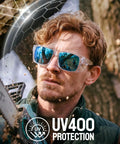 Man wearing Tough As Nails Wraparound Safety Sunglasses Featuring Detachable Side Shields Impact Resistant Tinted Lenses.